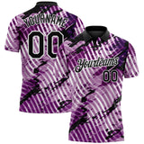 Custom Black Light Purple-White Abstract Grunge Splatter Diagonal Stripe Performance Polo Shirt