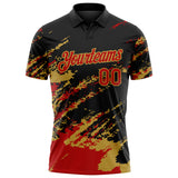 Custom Black Red-Old Gold Brush Stroke Shatter Splatter Performance Polo Shirt