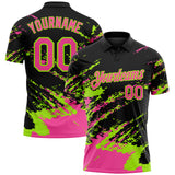 Custom Black Pink-Neon Green Brush Stroke Shatter Splatter Performance Polo Shirt