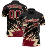 Custom Black Crimson-Cream Brush Stroke Shatter Splatter Performance Polo Shirt