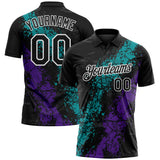Custom Black Teal Purple-White Dripping Splatter Cracked Texture Performance Polo Shirt