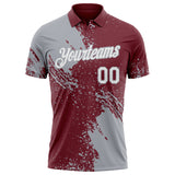 Custom Burgundy White-Gray Distressed Scratch Brush Stroke Performance Polo Shirt