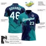 Custom Navy White-Teal Distressed Scratch Brush Stroke Performance Polo Shirt