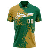 Custom Kelly Green White-Old Gold Distressed Scratch Brush Stroke Performance Polo Shirt