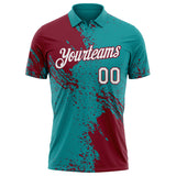 Custom Teal White-Crimson Distressed Scratch Brush Stroke Performance Polo Shirt