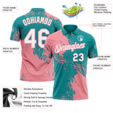 Custom Teal White-Medium Pink Distressed Scratch Brush Stroke Performance Polo Shirt