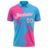 Custom Sky Blue White-Pink Distressed Scratch Brush Stroke Performance Polo Shirt