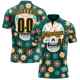 Custom Midnight Green Black-Gold Day of the Dead Mexican Sugar Skull Performance Polo Shirt