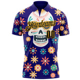 Custom Dark Purple Black-Gold Day of the Dead Mexican Sugar Skull Performance Polo Shirt