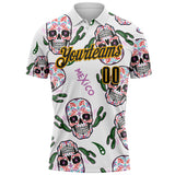 Custom White Black-Gold Day of the Dead Mexican Sugar Skull Performance Polo Shirt