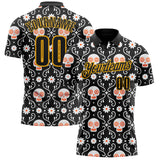 Custom Black-Gold Day of the Dead Mexican Sugar Skull Performance Polo Shirt