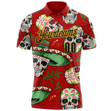 Custom Red Black-Gold Day of the Dead Mexican Sugar Skull Performance Polo Shirt