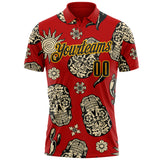 Custom Red Black-Gold Day of the Dead Mexican Sugar Skull Performance Polo Shirt