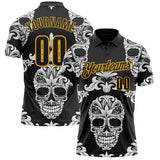 Custom Black-Gold Day of the Dead Mexican Sugar Skull Performance Polo Shirt