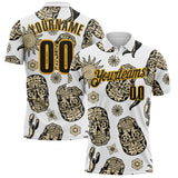 Custom White Black-Gold Day of the Dead Mexican Sugar Skull Performance Polo Shirt