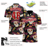 Custom Black Red-White Day of the Dead Mexican Sugar Skull Performance Polo Shirt