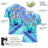 Custom Blue White Aqua-Black Bowling Strike Stripe Performance Polo Shirt