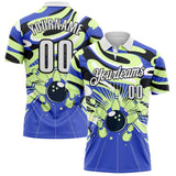Custom Blue White Pea Green-Black Bowling Strike Fluid Liquid Performance Polo Shirt