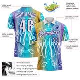 Custom Ice Blue White Yellow-Dark Purple Bowling Pins Gradient Performance Polo Shirt