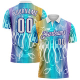 Custom Ice Blue White Yellow-Dark Purple Bowling Pins Gradient Performance Polo Shirt