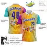 Custom Yellow Purple-Ice Blue Bowling Strike Gradient Geometric Performance Polo Shirt