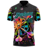 Custom Black Green-Sky Blue Darts Chromatic Skull Dartboard Performance Polo Shirt