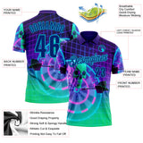 Custom Purple Royal Green-Lakes Blue Darts Cyberpunk Skull Dartboard Performance Polo Shirt