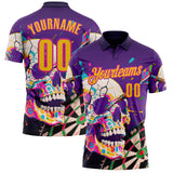 Custom Purple Yellow-Deep Pink Darts Chromatic Splash Skull Dartboard Performance Polo Shirt
