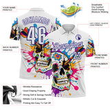Custom White-Dark Purple Darts Chromatic Splash Skull Dartboard Performance Polo Shirt