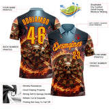 Custom Blue Yellow-Red Darts Leopard Flame Skull Dartboard Performance Polo Shirt