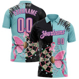 Custom Ice Blue Light Pink Black-Purple Darts Pink Ribbon Breast Cancer Awareness Dartboard Performance Polo Shirt
