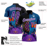 Custom Black Purple Blue-White Darts Day of the Dead Sugar Skull Dartboard Performance Polo Shirt