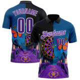 Custom Black Purple Blue-White Darts Day of the Dead Sugar Skull Dartboard Performance Polo Shirt