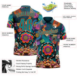 Custom Teal-Orange Darts Day of the Dead Sugar Skull Dartboard Performance Polo Shirt