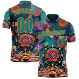 Custom Teal-Orange Darts Day of the Dead Sugar Skull Dartboard Performance Polo Shirt