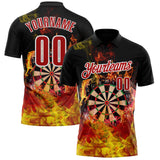 Custom Black Red-White Darts Flame Dartboard Performance Polo Shirt