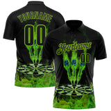 Custom Black-Neon Green Darts Flame Dartboard Performance Polo Shirt