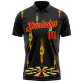 Custom Black Red-Bay Orange Darts Flame Dartboard Performance Polo Shirt