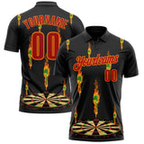 Custom Black Red-Bay Orange Darts Flame Dartboard Performance Polo Shirt