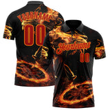 Custom Black Red-Bay Orange Darts Flame Lion Dartboard Performance Polo Shirt