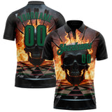 Custom Black-Kelly Green Darts Flame Skull Dartboard Performance Polo Shirt