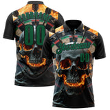 Custom Black-Kelly Green Darts Flame Skull Dartboard Performance Polo Shirt