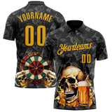 Custom Black-Gold Darts Beer Skull Dartboard Performance Polo Shirt