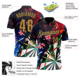 Custom Black-Old Gold Darts Flame UK Flag Dartboard Performance Polo Shirt