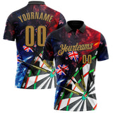 Custom Black-Old Gold Darts Flame UK Flag Dartboard Performance Polo Shirt