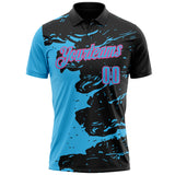 Custom Black Sky Blue-Pink Fluid Paint Splash Performance Polo Shirt