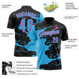 Custom Black Sky Blue-Pink Fluid Paint Splash Performance Polo Shirt