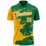 Custom Kelly Green Gold-White Fluid Paint Splash Performance Polo Shirt