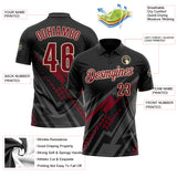 Custom Black Crimson Gray-Cream Lightning Geometric Performance Polo Shirt