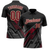 Custom Black Crimson Gray-Cream Lightning Geometric Performance Polo Shirt